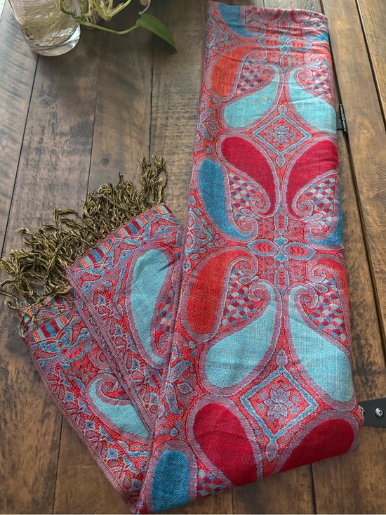 pashmina Accessories - Pashmina Red & Turquoise Paisley Fringe Shawl